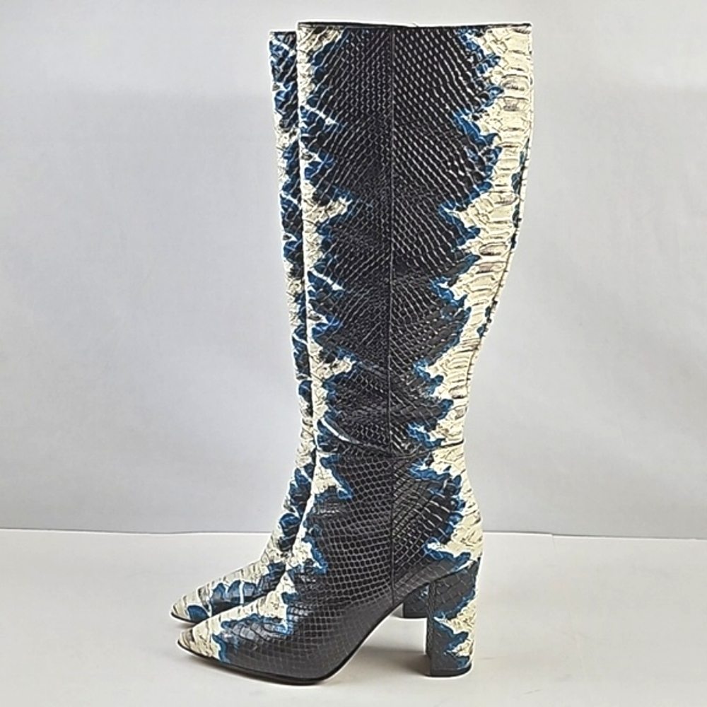 Gianni Bini Kellbie Leather Snakeskin Texture Black Cream Blue Heeled Tall Boot - Picture 6 of 16